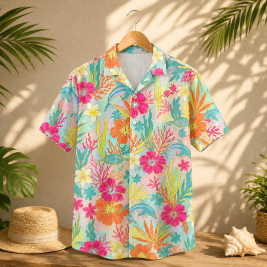 HW-M102-Colorful Undersea Marine Life Turtle Botanical Pattern Casual Summer Hawaiian Button Front Shirt
