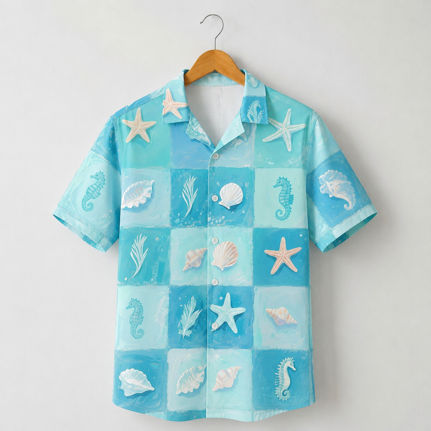 HW-M103-Ocean Blue Checkerboard Sea Shell Starfish Seahorse Graphic Print Vacation Hawaiian Camp Shirt