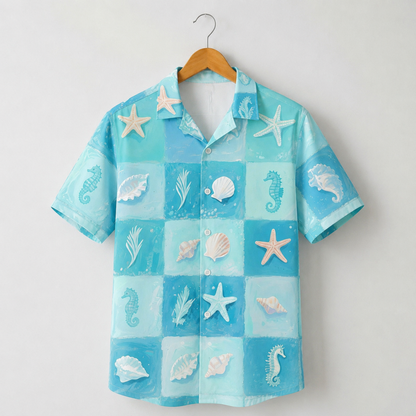 HW-M103-Ocean Blue Checkerboard Sea Shell Starfish Seahorse Graphic Print Vacation Hawaiian Camp Shirt