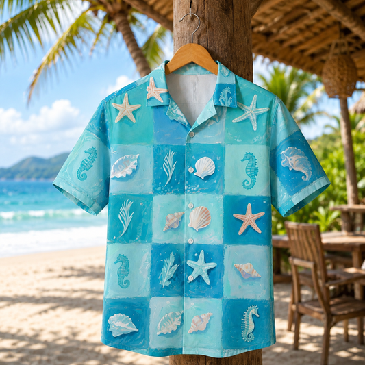 HW-M103-Ocean Blue Checkerboard Sea Shell Starfish Seahorse Graphic Print Vacation Hawaiian Camp Shirt