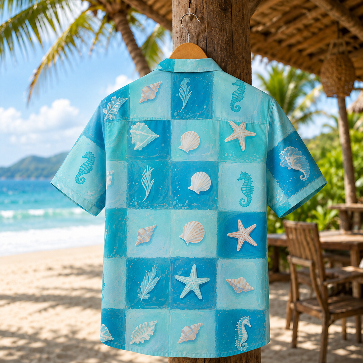 HW-M103-Ocean Blue Checkerboard Sea Shell Starfish Seahorse Graphic Print Vacation Hawaiian Camp Shirt