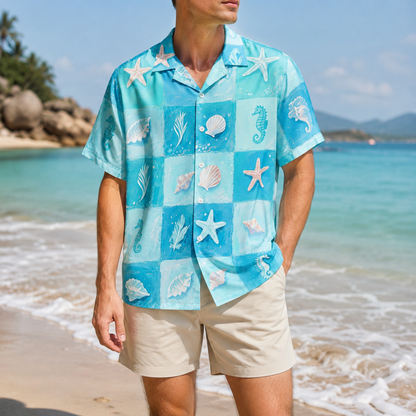 HW-M103-Ocean Blue Checkerboard Sea Shell Starfish Seahorse Graphic Print Vacation Hawaiian Camp Shirt