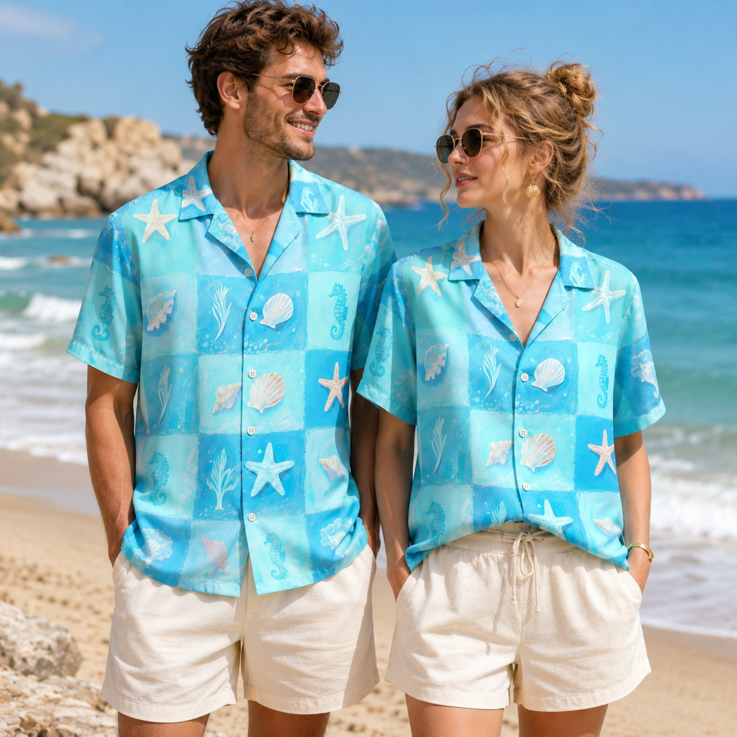 HW-M103-Ocean Blue Checkerboard Sea Shell Starfish Seahorse Graphic Print Vacation Hawaiian Camp Shirt