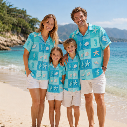 HW-M103-Ocean Blue Checkerboard Sea Shell Starfish Seahorse Graphic Print Vacation Hawaiian Camp Shirt