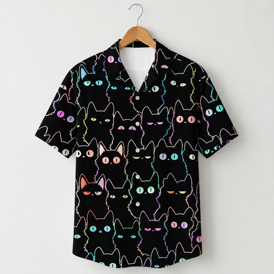 HW-M104-Black Polyester Hawaiian Resort Shirt, Neon Cat Pattern Short Sleeve Button Top Clothing