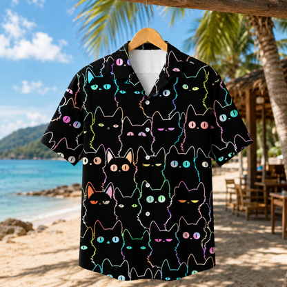 HW-M104-Black Polyester Hawaiian Resort Shirt, Neon Cat Pattern Short Sleeve Button Top Clothing