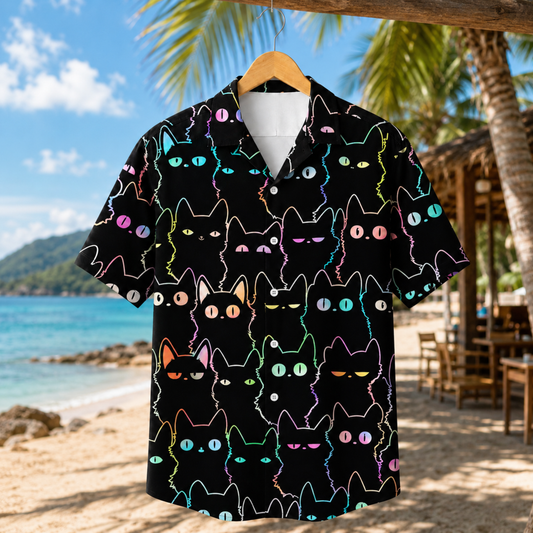 HW-M104-Black Polyester Hawaiian Resort Shirt, Neon Cat Pattern Short Sleeve Button Top Clothing