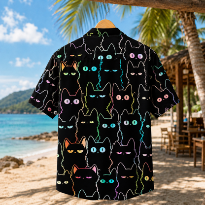 HW-M104-Black Polyester Hawaiian Resort Shirt, Neon Cat Pattern Short Sleeve Button Top Clothing