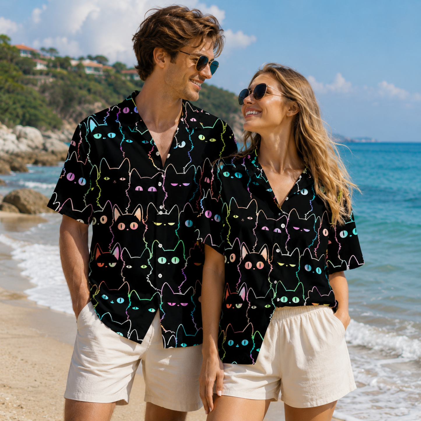 HW-M104-Black Polyester Hawaiian Resort Shirt, Neon Cat Pattern Short Sleeve Button Top Clothing