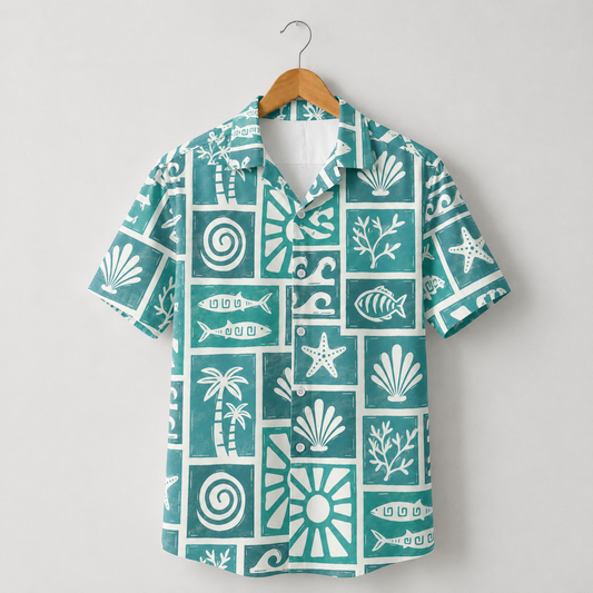HW-M105-Turquoise Woven Summer Aloha Shirt, Colorful Fish Graphic Short Sleeve Leisure Wear Raiment