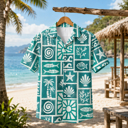 HW-M105-Turquoise Woven Summer Aloha Shirt, Colorful Fish Graphic Short Sleeve Leisure Wear Raiment