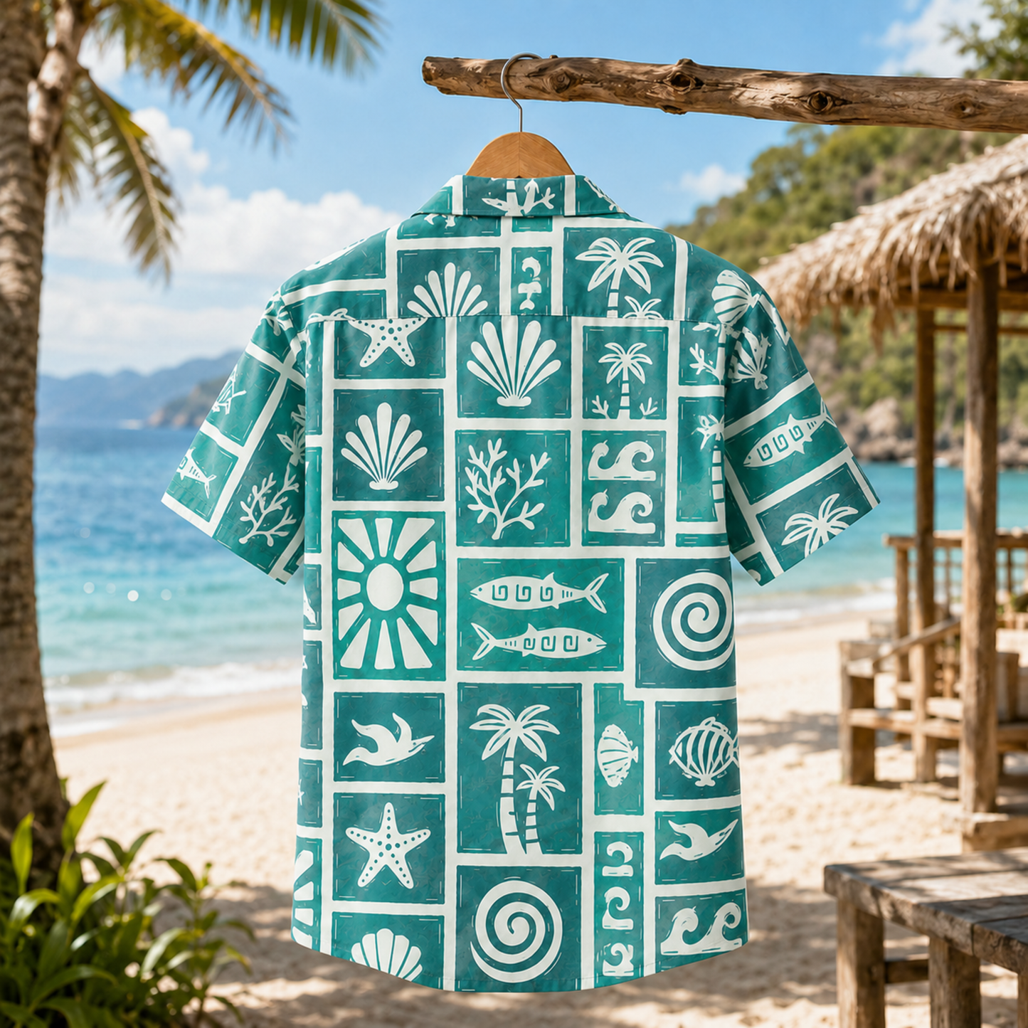HW-M105-Turquoise Woven Summer Aloha Shirt, Colorful Fish Graphic Short Sleeve Leisure Wear Raiment
