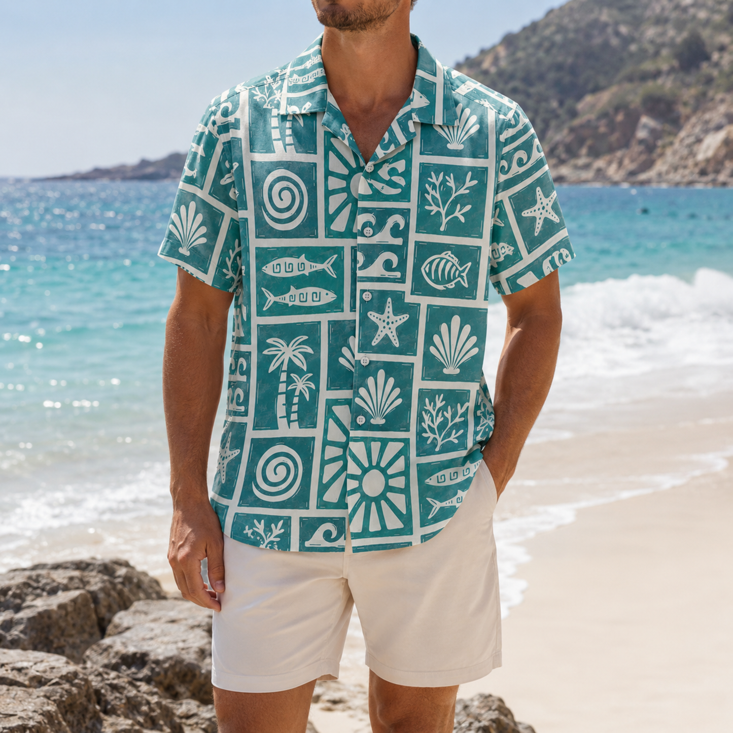 HW-M105-Turquoise Woven Summer Aloha Shirt, Colorful Fish Graphic Short Sleeve Leisure Wear Raiment
