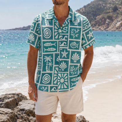 HW-M105-Turquoise Woven Summer Aloha Shirt, Colorful Fish Graphic Short Sleeve Leisure Wear Raiment