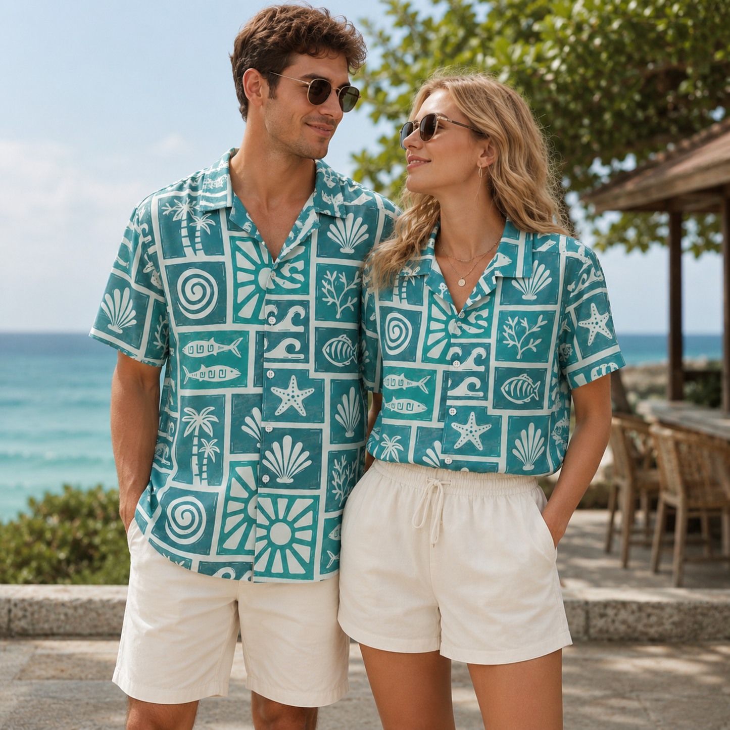HW-M105-Turquoise Woven Summer Aloha Shirt, Colorful Fish Graphic Short Sleeve Leisure Wear Raiment