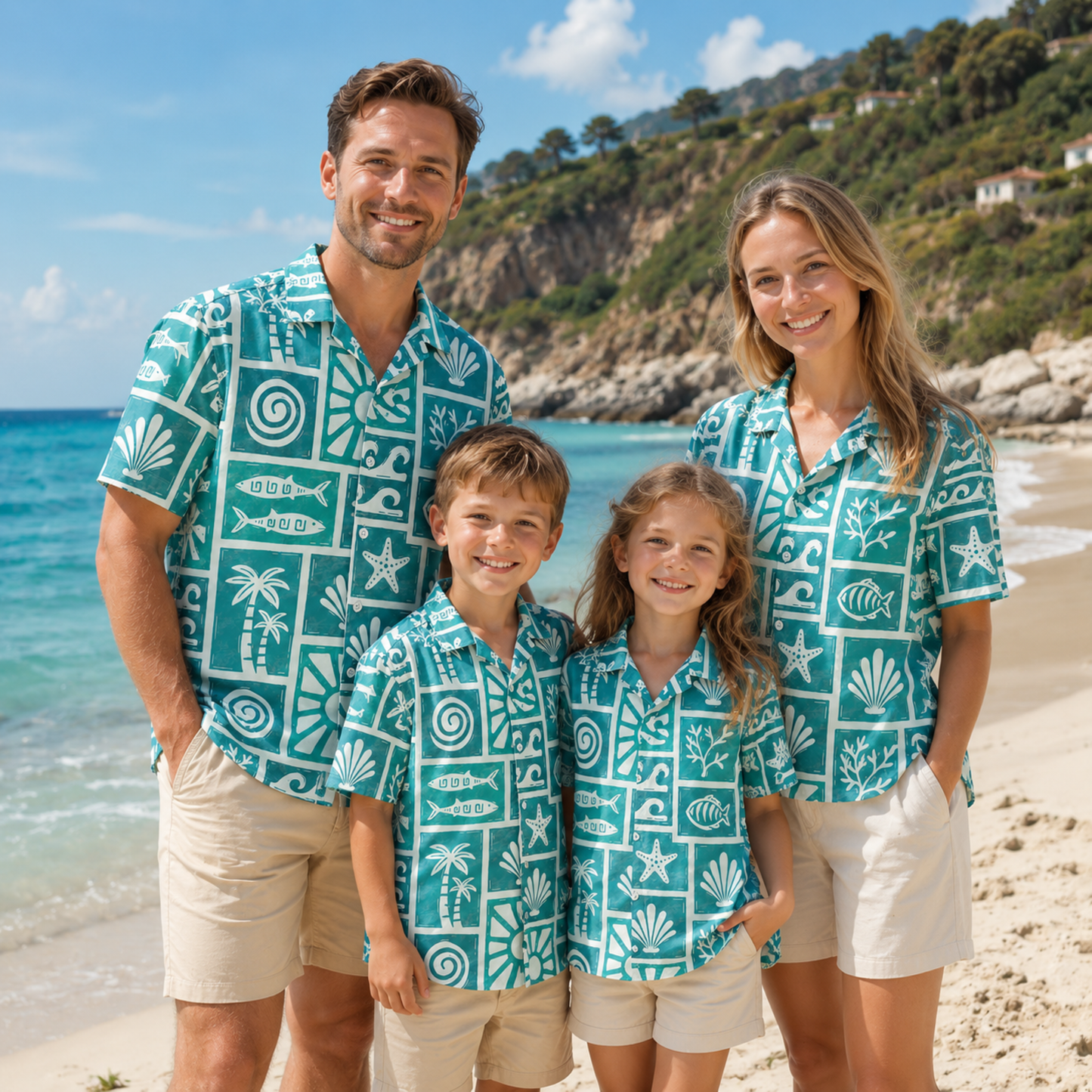 HW-M105-Turquoise Woven Summer Aloha Shirt, Colorful Fish Graphic Short Sleeve Leisure Wear Raiment