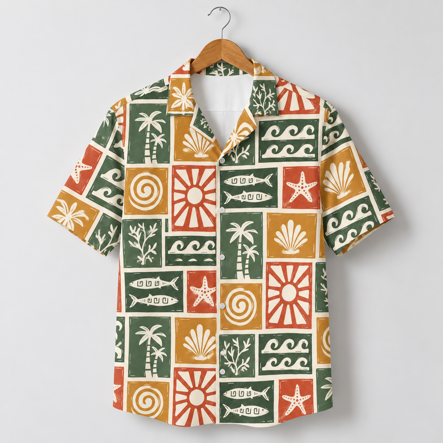 HW-M106-Multicolor Woven Summer Aloha Shirt, Colorful Fish Graphic Short Sleeve Leisure Wear Raiment