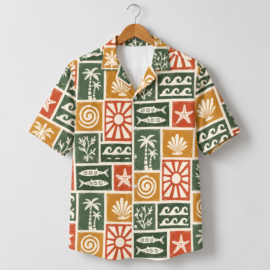 HW-M106-Multicolor Woven Summer Aloha Shirt, Colorful Fish Graphic Short Sleeve Leisure Wear Raiment