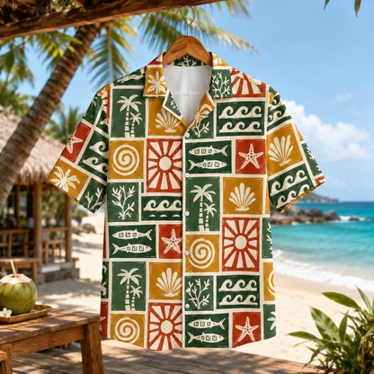 HW-M106-Multicolor Woven Summer Aloha Shirt, Colorful Fish Graphic Short Sleeve Leisure Wear Raiment