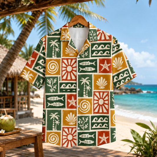 HW-M106-Multicolor Woven Summer Aloha Shirt, Colorful Fish Graphic Short Sleeve Leisure Wear Raiment