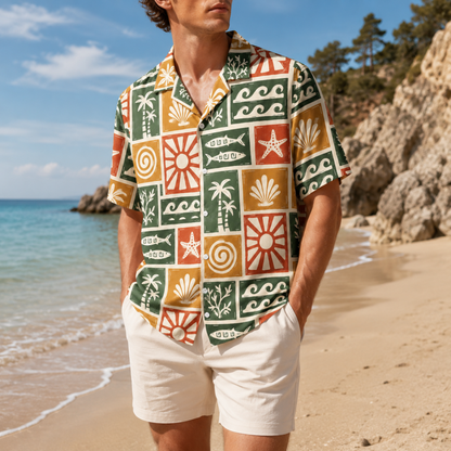 HW-M106-Multicolor Woven Summer Aloha Shirt, Colorful Fish Graphic Short Sleeve Leisure Wear Raiment