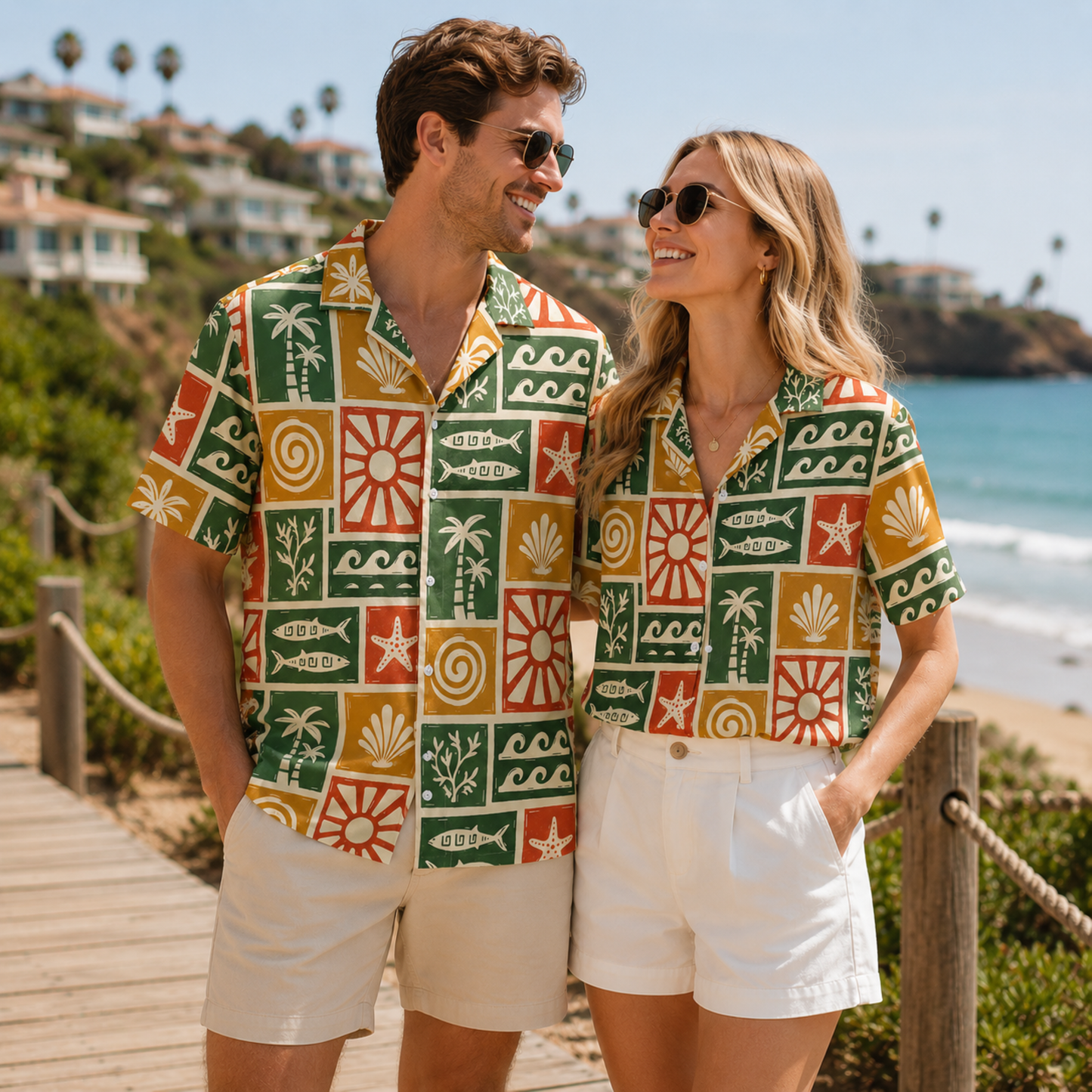 HW-M106-Multicolor Woven Summer Aloha Shirt, Colorful Fish Graphic Short Sleeve Leisure Wear Raiment