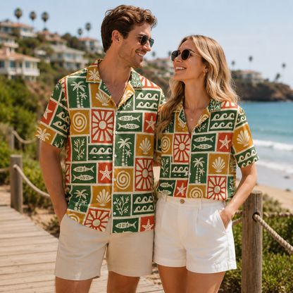 HW-M106-Multicolor Woven Summer Aloha Shirt, Colorful Fish Graphic Short Sleeve Leisure Wear Raiment
