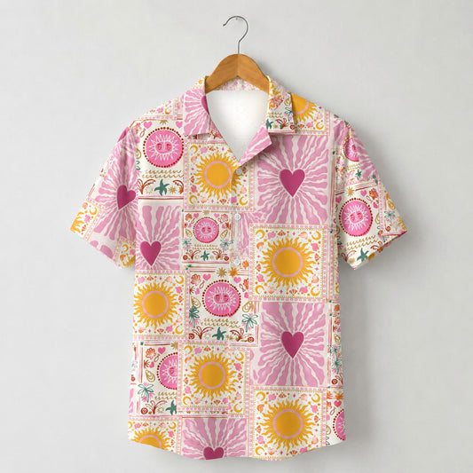 HW-M109-Rose Woven Summer Aloha Shirt, Colorful Heart Graphic Short Sleeve Leisure Wear Raiment