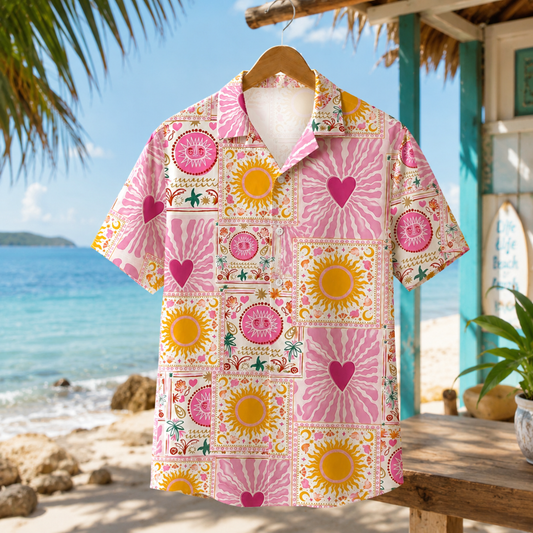 HW-M109-Rose Woven Summer Aloha Shirt, Colorful Heart Graphic Short Sleeve Leisure Wear Raiment