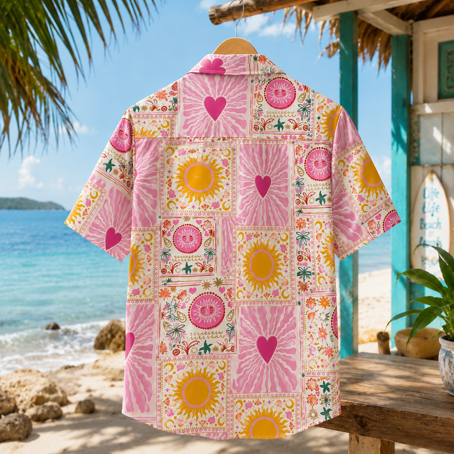 HW-M109-Rose Woven Summer Aloha Shirt, Colorful Heart Graphic Short Sleeve Leisure Wear Raiment