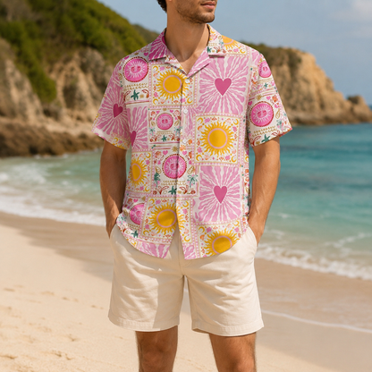 HW-M109-Rose Woven Summer Aloha Shirt, Colorful Heart Graphic Short Sleeve Leisure Wear Raiment