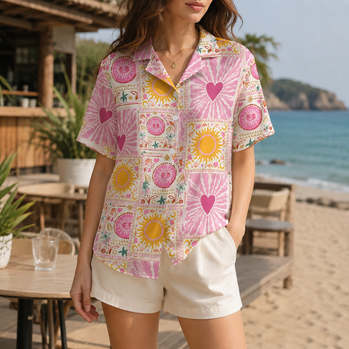 HW-M109-Rose Woven Summer Aloha Shirt, Colorful Heart Graphic Short Sleeve Leisure Wear Raiment