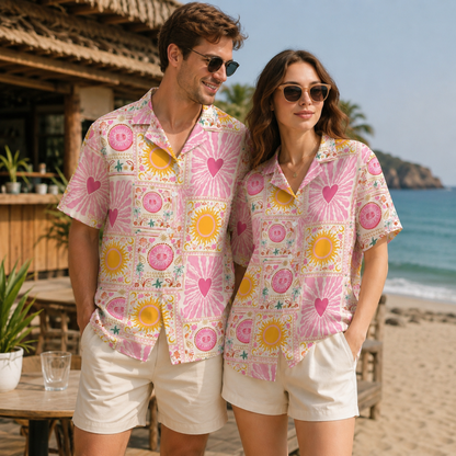 HW-M109-Rose Woven Summer Aloha Shirt, Colorful Heart Graphic Short Sleeve Leisure Wear Raiment