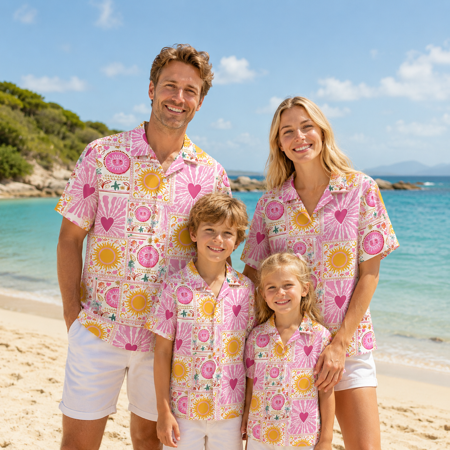 HW-M109-Rose Woven Summer Aloha Shirt, Colorful Heart Graphic Short Sleeve Leisure Wear Raiment