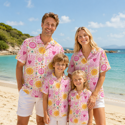 HW-M109-Rose Woven Summer Aloha Shirt, Colorful Heart Graphic Short Sleeve Leisure Wear Raiment
