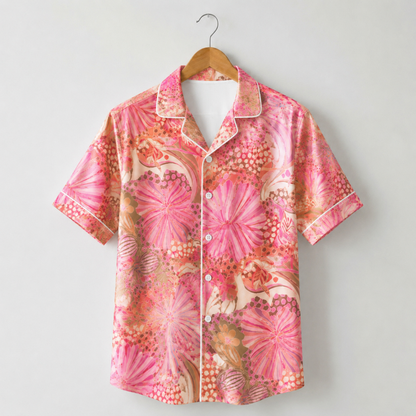 HW-M110-Magenta Lightweight Coastal Vacation Shirt, Sweet Abstract Printed Short Sleeve Casual Apparel Attire