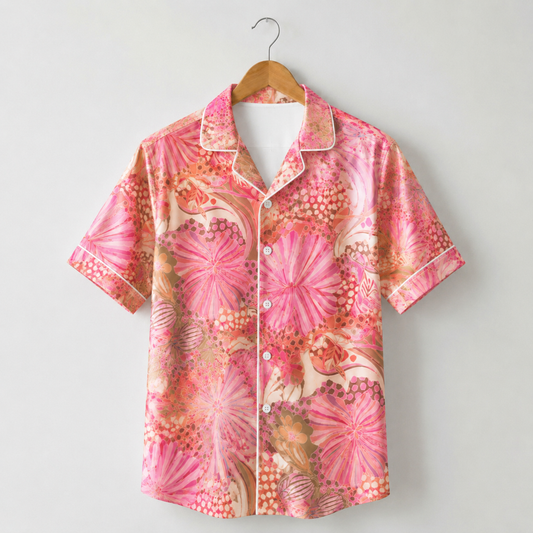 HW-M110-Magenta Lightweight Coastal Vacation Shirt, Sweet Abstract Printed Short Sleeve Casual Apparel Attire