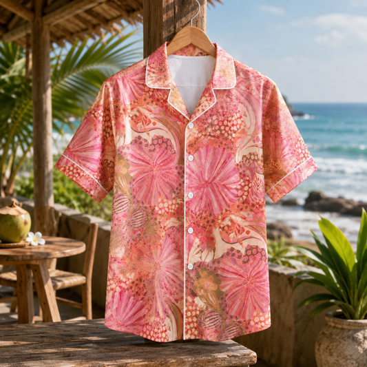 HW-M110-Magenta Lightweight Coastal Vacation Shirt, Sweet Abstract Printed Short Sleeve Casual Apparel Attire