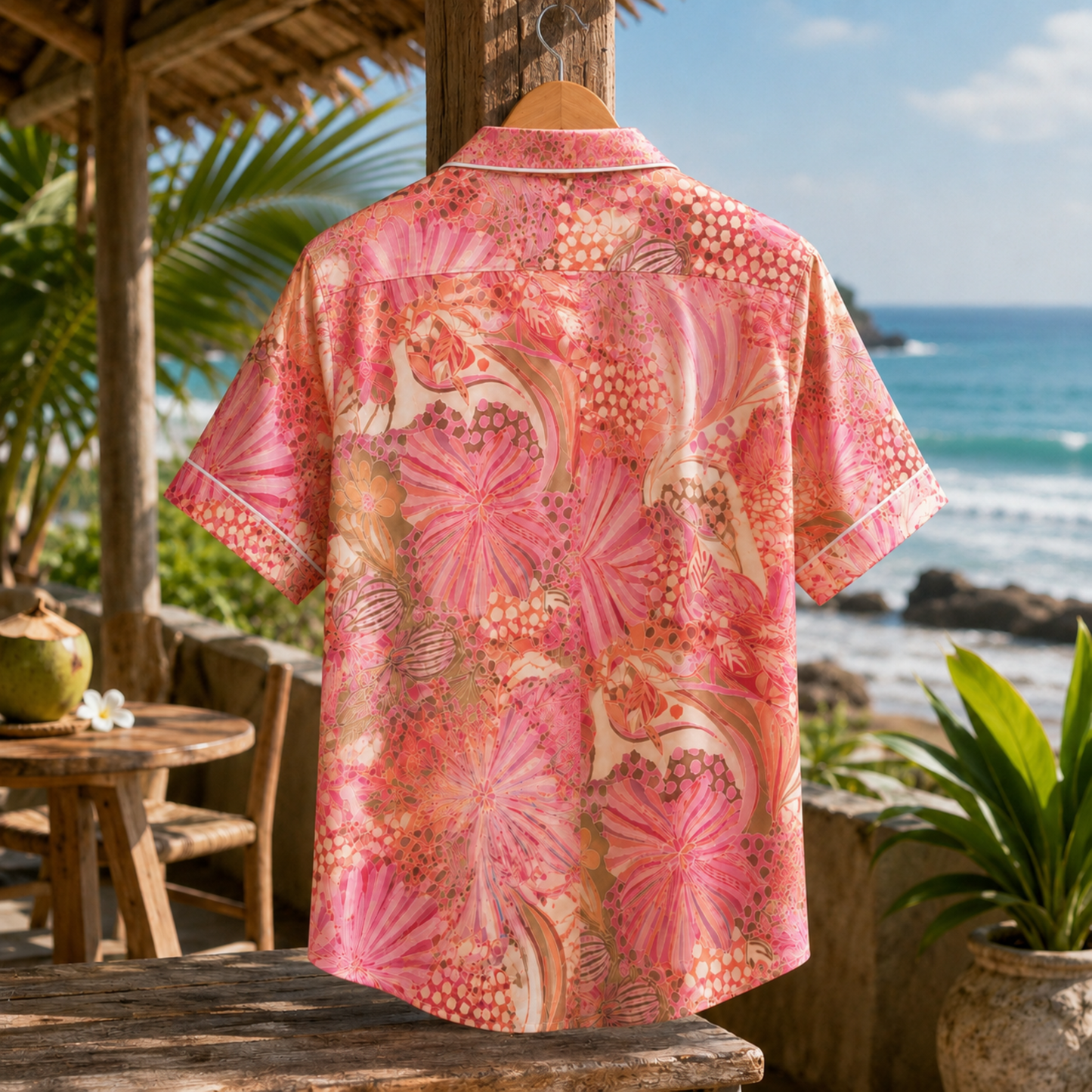 HW-M110-Magenta Lightweight Coastal Vacation Shirt, Sweet Abstract Printed Short Sleeve Casual Apparel Attire