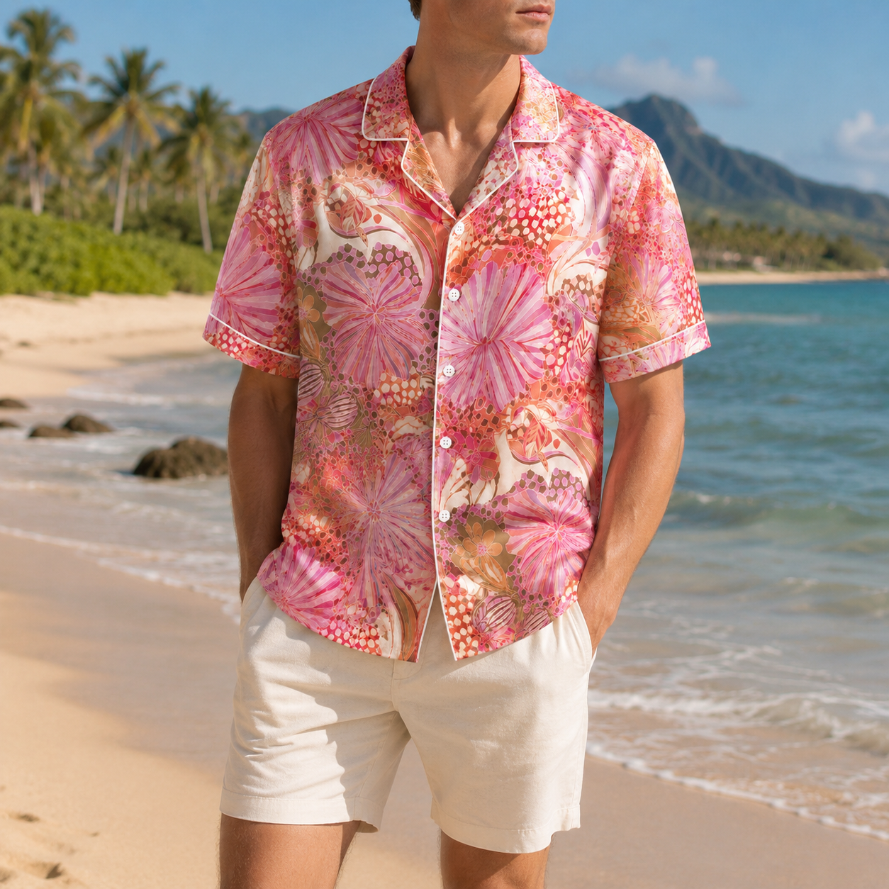 HW-M110-Magenta Lightweight Coastal Vacation Shirt, Sweet Abstract Printed Short Sleeve Casual Apparel Attire