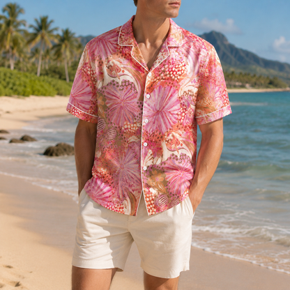 HW-M110-Magenta Lightweight Coastal Vacation Shirt, Sweet Abstract Printed Short Sleeve Casual Apparel Attire