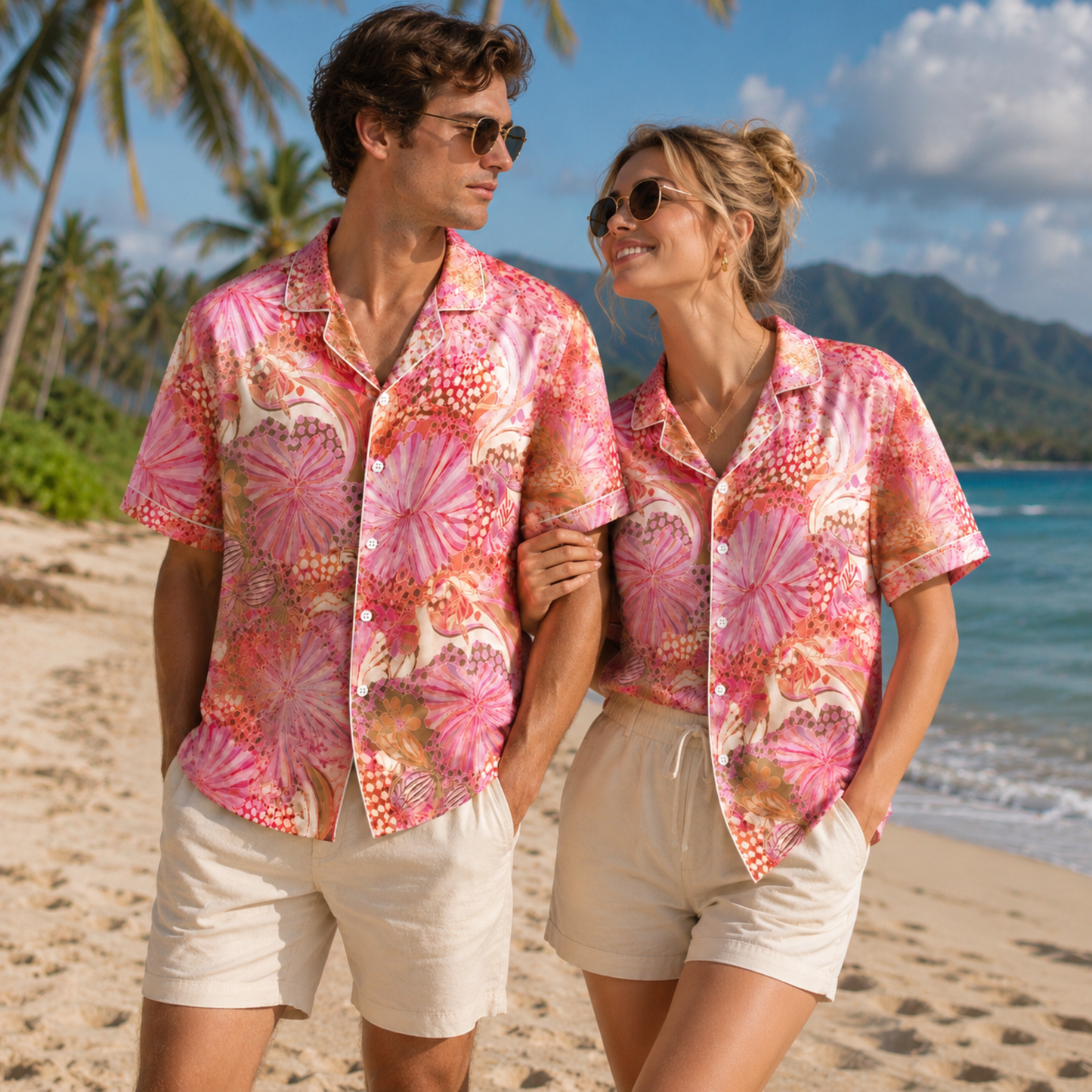 HW-M110-Magenta Lightweight Coastal Vacation Shirt, Sweet Abstract Printed Short Sleeve Casual Apparel Attire