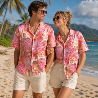 HW-M110-Magenta Lightweight Coastal Vacation Shirt, Sweet Abstract Printed Short Sleeve Casual Apparel Attire