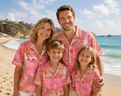 HW-M110-Magenta Lightweight Coastal Vacation Shirt, Sweet Abstract Printed Short Sleeve Casual Apparel Attire