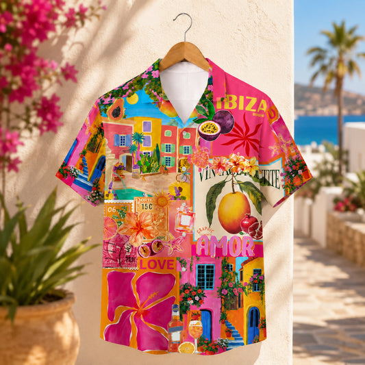 HW-M113-Vibrant Ibiza Travel Collage Tropical Fruit And Floral Vacation Festival Button Down Hawaiian Shirt