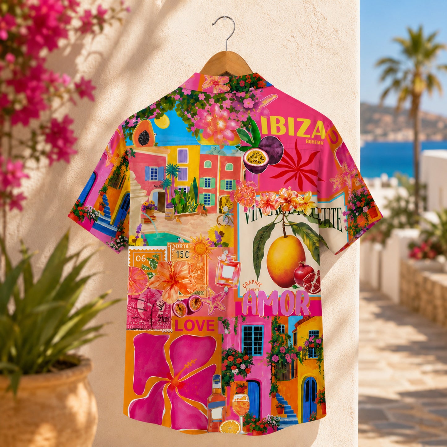 HW-M113-Vibrant Ibiza Travel Collage Tropical Fruit And Floral Vacation Festival Button Down Hawaiian Shirt
