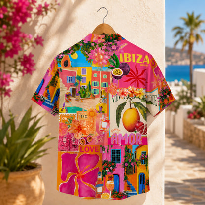 HW-M113-Vibrant Ibiza Travel Collage Tropical Fruit And Floral Vacation Festival Button Down Hawaiian Shirt