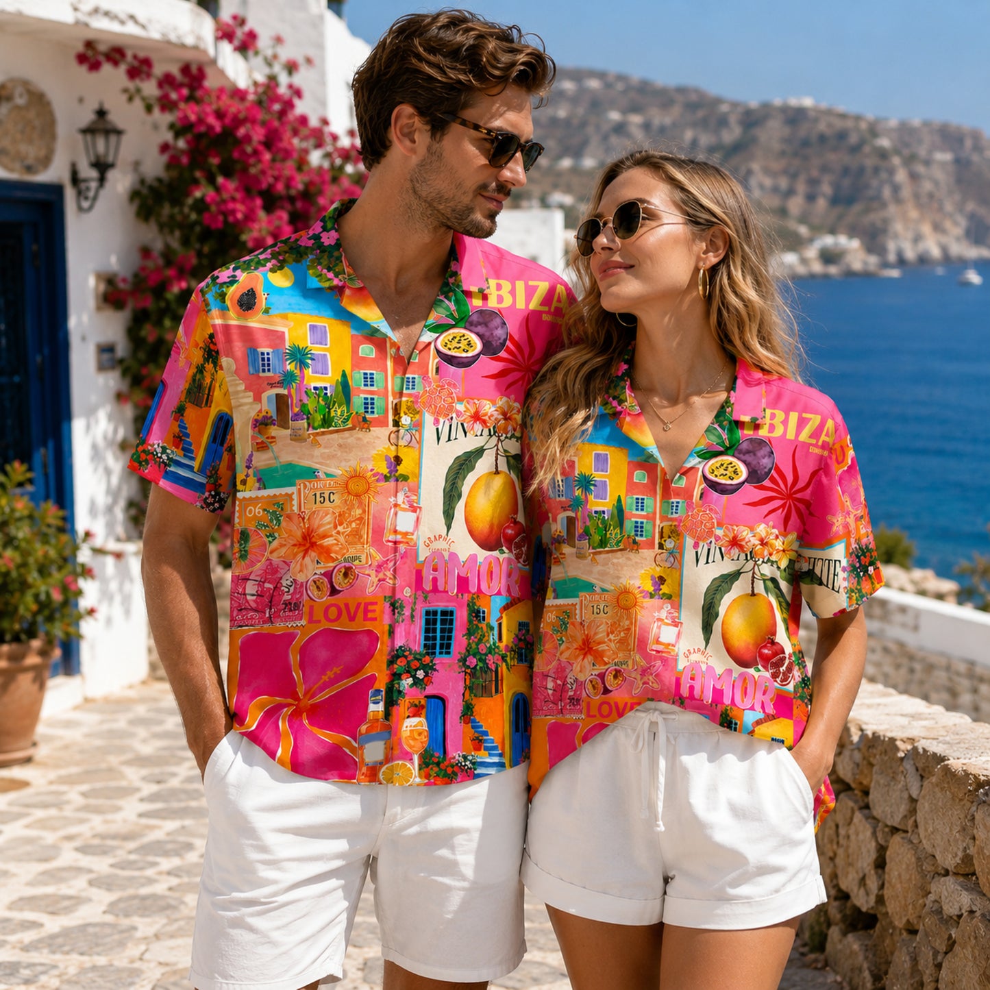 HW-M113-Vibrant Ibiza Travel Collage Tropical Fruit And Floral Vacation Festival Button Down Hawaiian Shirt