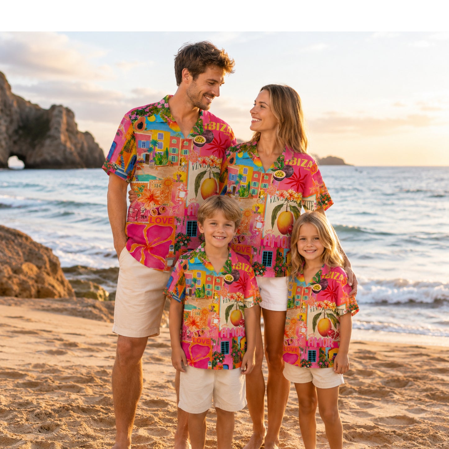 HW-M113-Vibrant Ibiza Travel Collage Tropical Fruit And Floral Vacation Festival Button Down Hawaiian Shirt