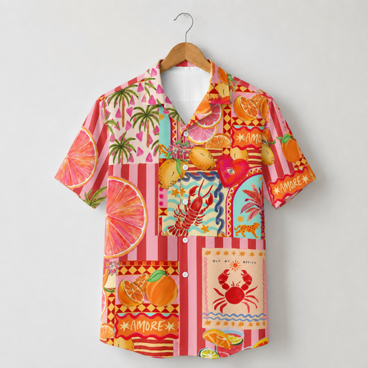 HW-M114-Amore Italian Coastal Citrus Lobster Collage Pink Striped Hawaiian Shirt Fun Summer Vacation Top